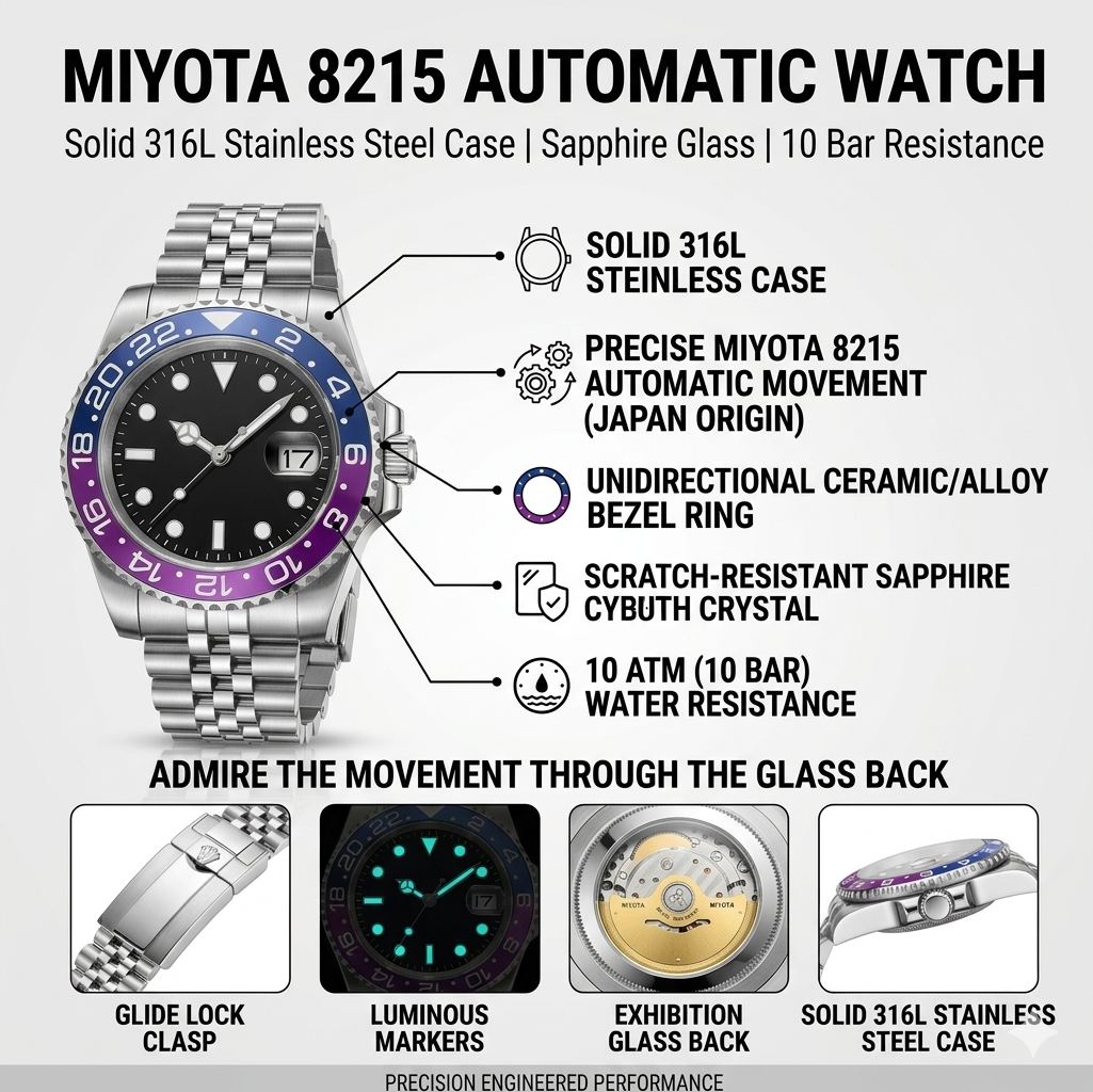 Premium Miyota 8215 Automatic Diver – Blue/Purple Bezel, Sapphire Crystal, Glass Exhibition Back