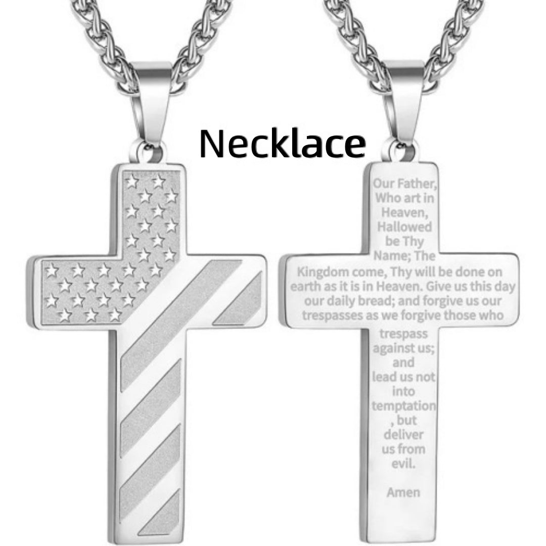 American Flag Cross Necklace Pendant Men's Stainless Steel Necklace