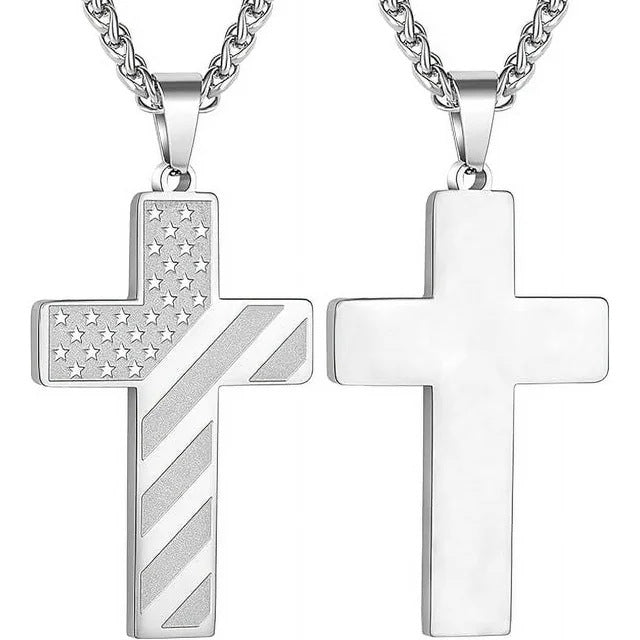 American Flag Cross Necklace Pendant Men's Stainless Steel Necklace