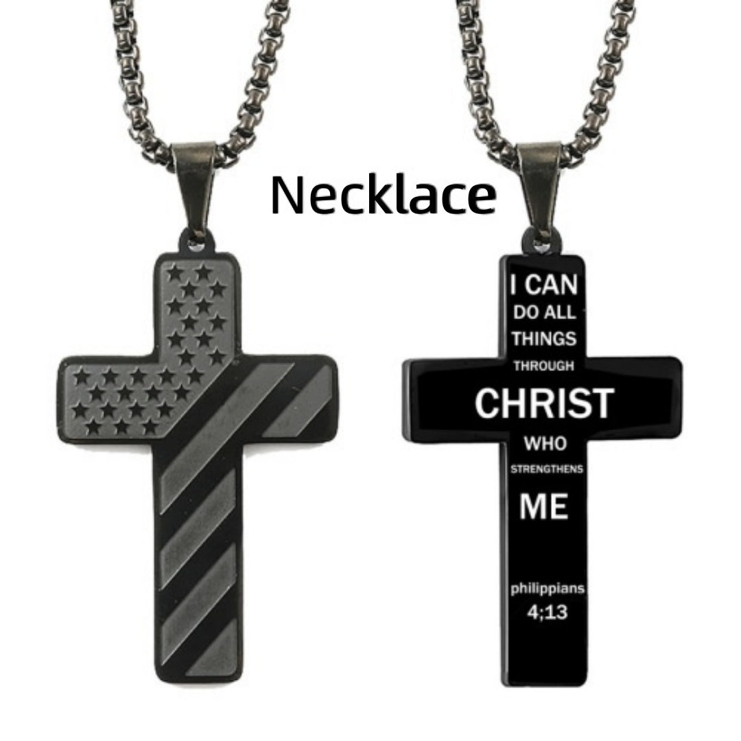 American Flag Cross Necklace Pendant Men's Stainless Steel Necklace