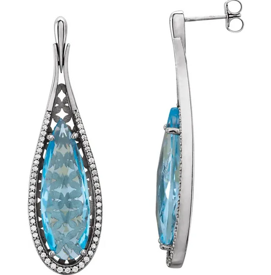 14K White Gold Natural Sky Blue Topaz & 1/3 CTW Natural Diamond Earring. STU