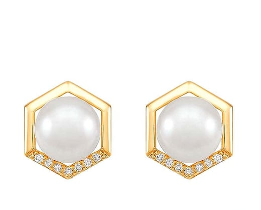 14K Yellow Gold Freshwater Pearl- & Diamond-Set Hexagon Post Earrings Rio