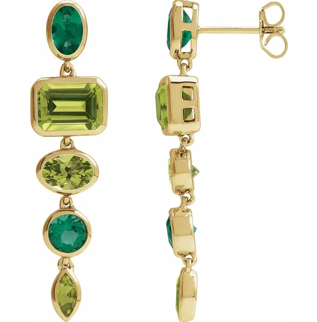 14K Yellow Natural Peridot & Lab-Grown Emerald Dangle Earrings STU