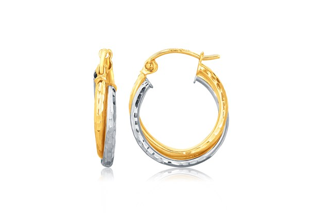Hammered Twist Motif Hoop Earrings in 14k Two-Tone Gold RC