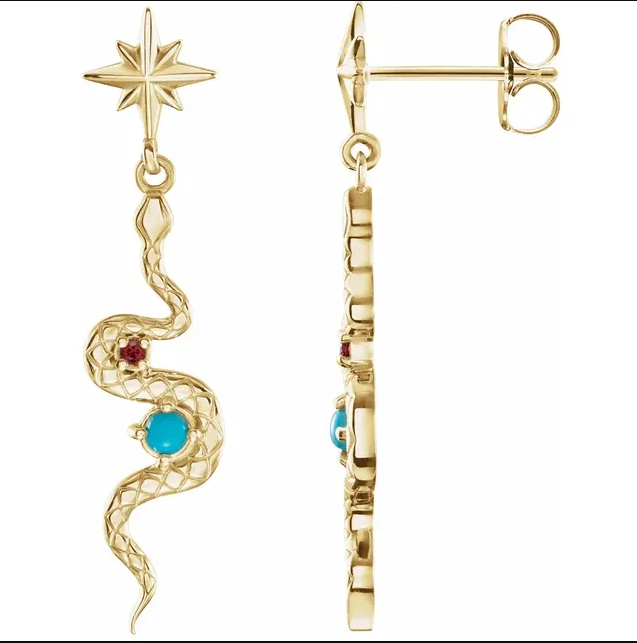 14K Yellow Natural Turquoise & Natural Ruby Snake Earrings STU
