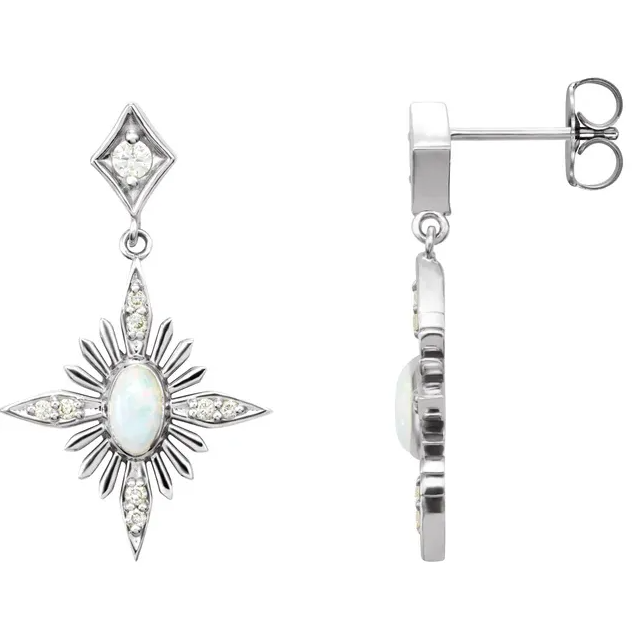 14K White Gold Natural White Opal & 1/6 CTW Natural Diamond Star Earrings STU
