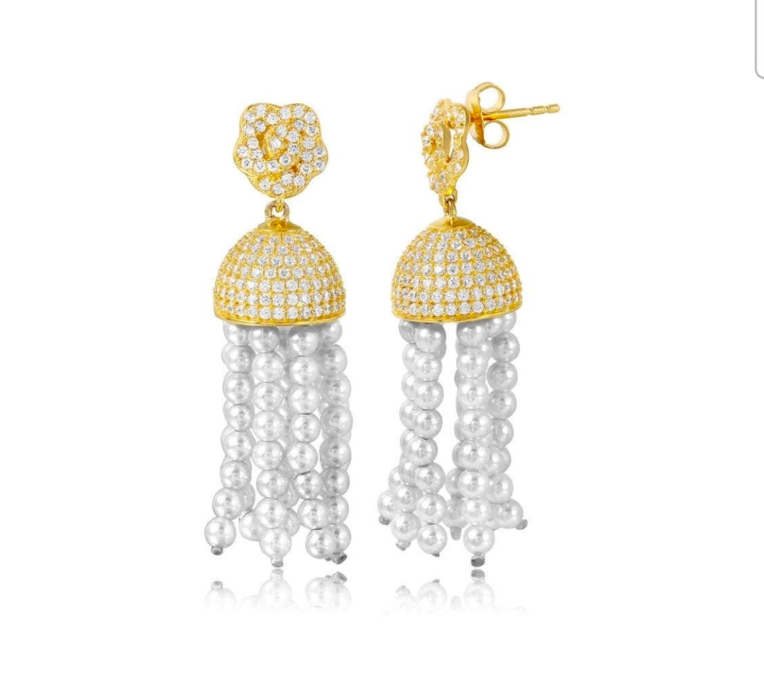 Silver 925 Gold Plated Flower with Hanging CZ Dome and Synthetic Pearl Strands Earrings sp