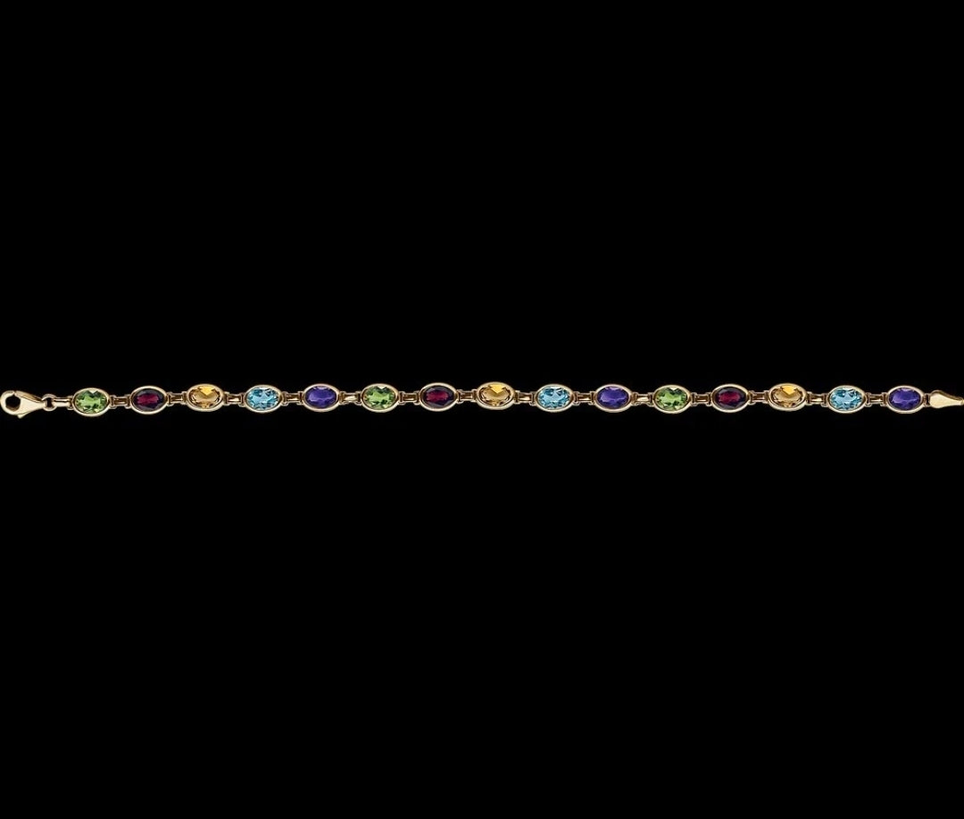 14K Yellow Gold Multi-Gemstone Line Bracelet Oval Stones 7" Lobster Clasp. STU