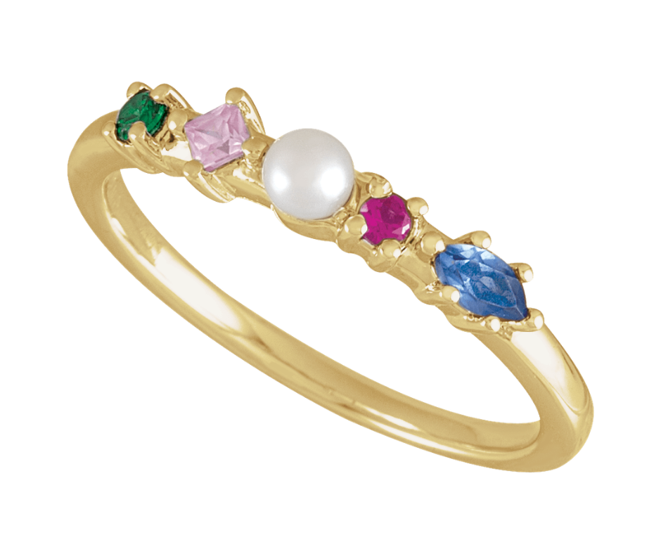 14K Yellow Gold Cultured White Freshwater Pearl & Natural Multi-Gemstone Ring. STU