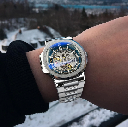 Goldz.vip Stainless Steel Skeleton Watch for Men, Automatic Mechanical Watch