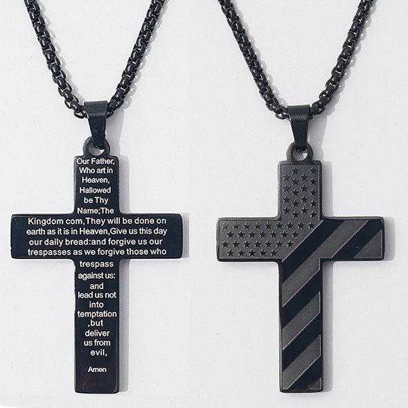 American Flag Cross Necklace Pendant Men's Stainless Steel Necklace