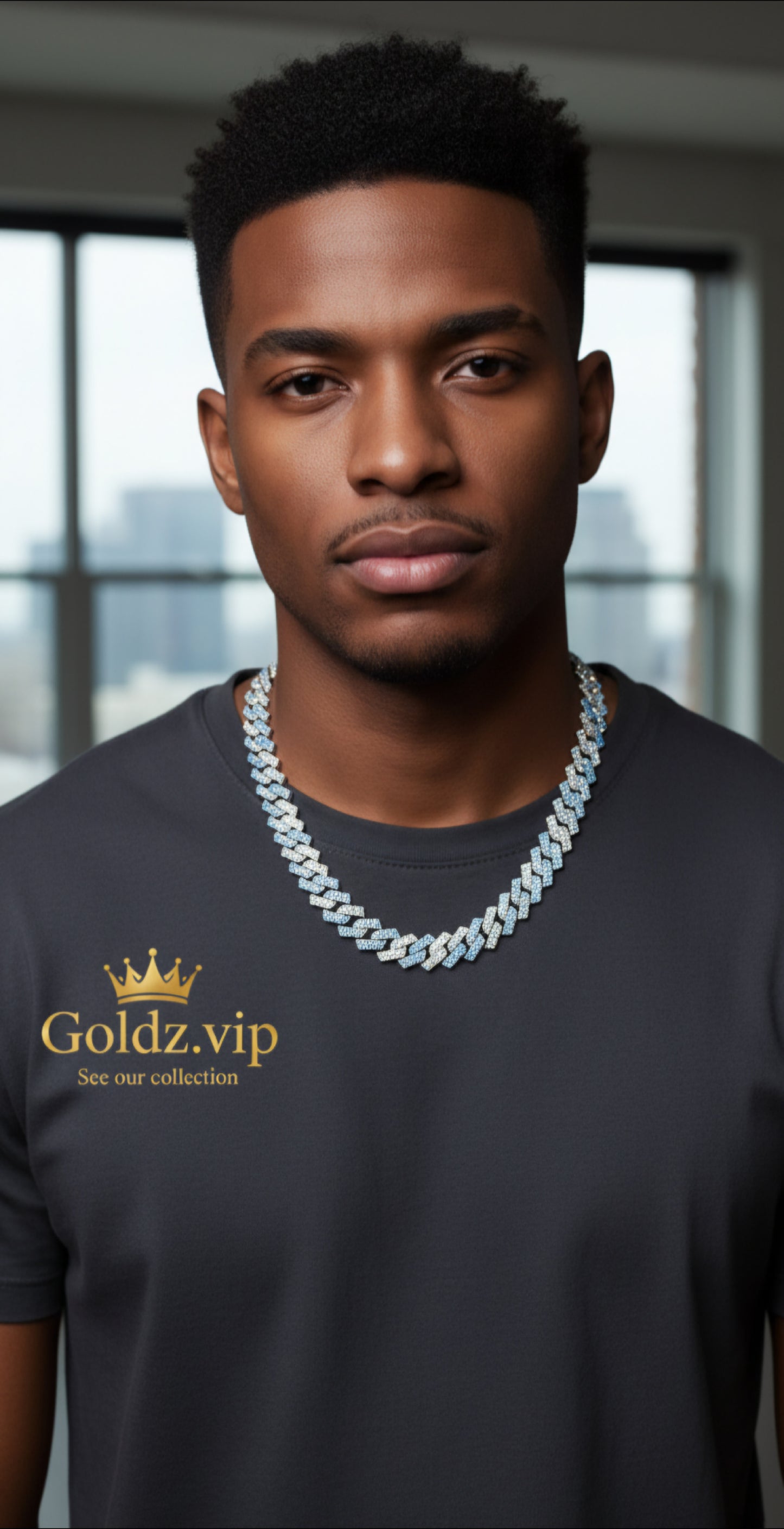 Miami Link Necklace and Bracelet Combo with Blue Rhinestones Gems