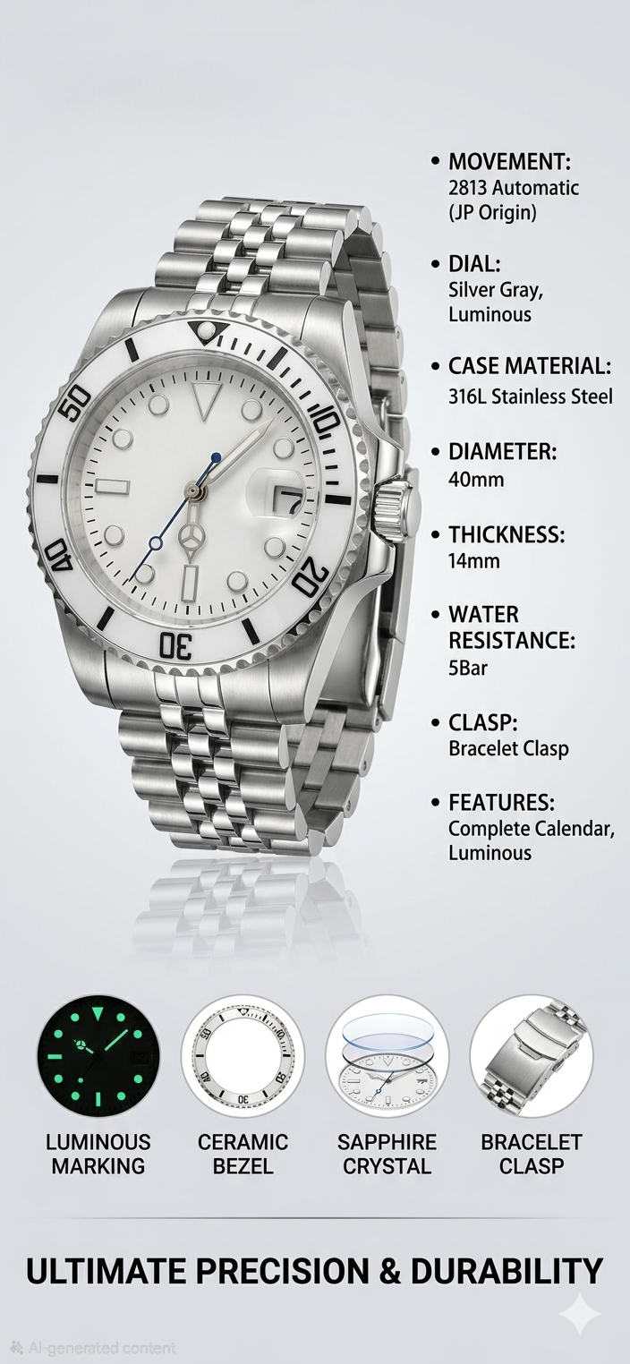 40mm Automatic Diver's Watch – 316L Stainless Steel, Ceramic Bezel, Sapphire Crystal