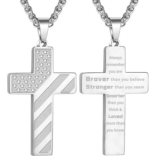 American Flag Cross Necklace Pendant Men's Stainless Steel Necklace