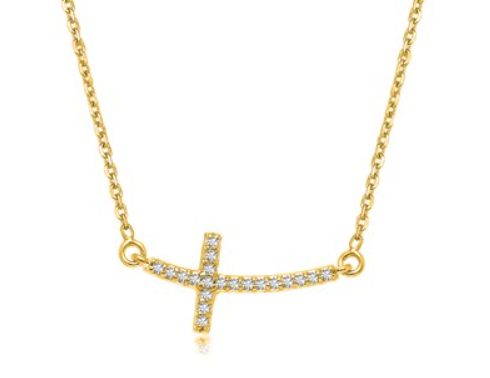 Curved Diamond Embellished Cross Necklace in 14k Yellow Gold (.11cttw) RC