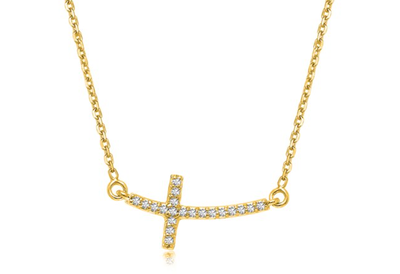 Curved Diamond Embellished Cross Necklace in 14k Yellow Gold (.11cttw) RC