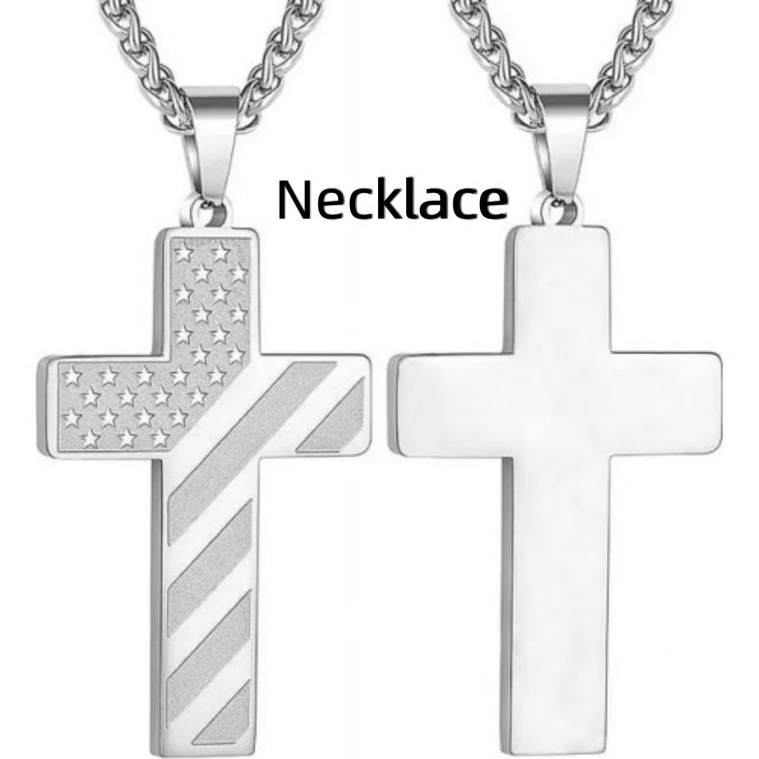 American Flag Cross Necklace Pendant Men's Stainless Steel Necklace