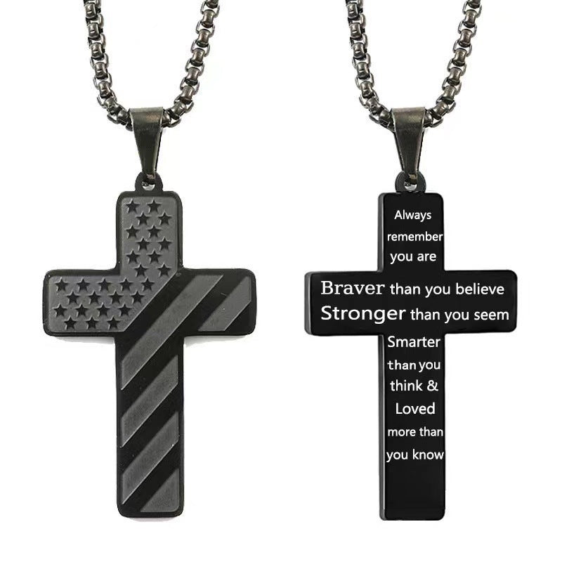 American Flag Cross Necklace Pendant Men's Stainless Steel Necklace