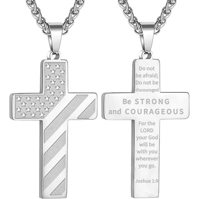 American Flag Cross Necklace Pendant Men's Stainless Steel Necklace