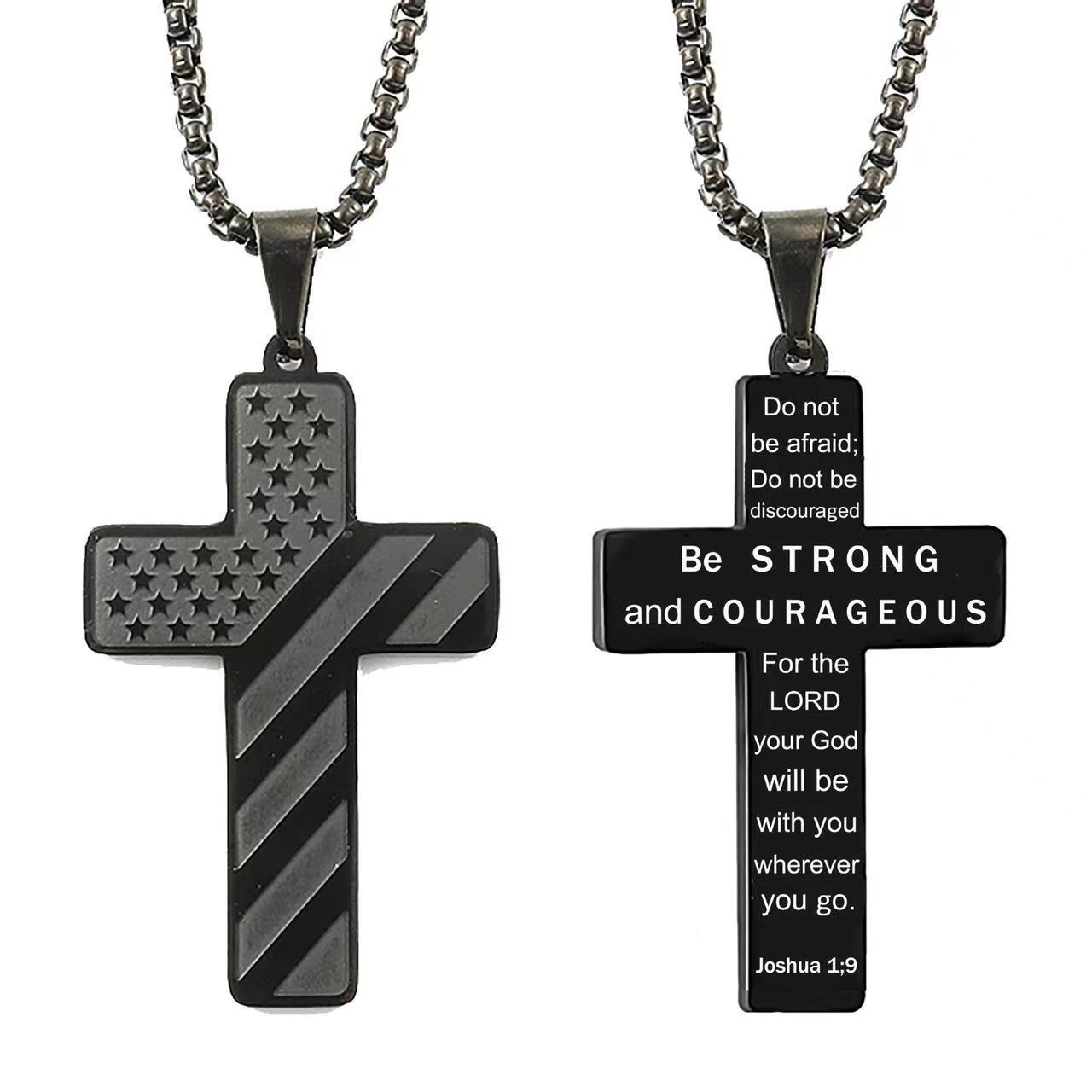 American Flag Cross Necklace Pendant Men's Stainless Steel Necklace