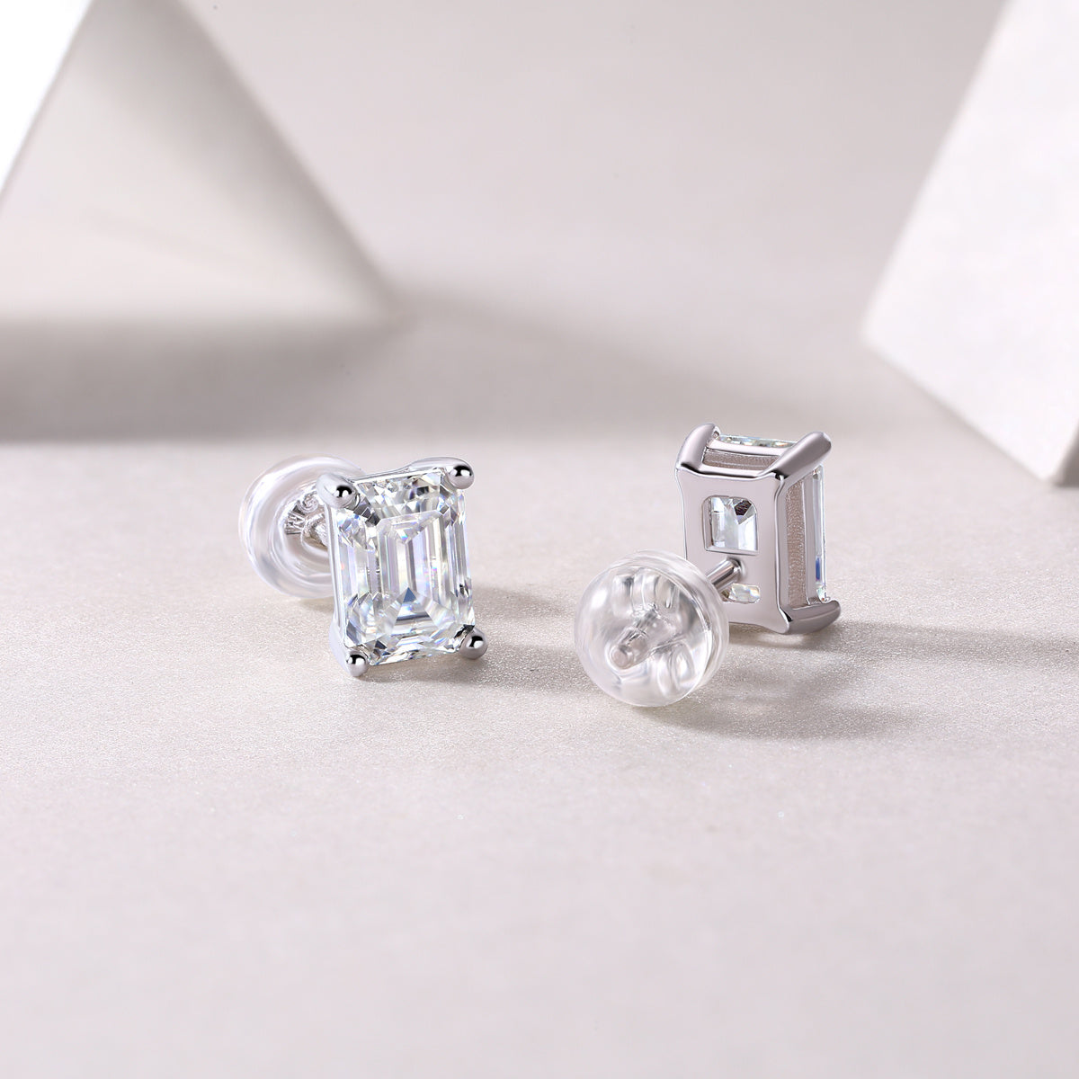 Ships from The United States - Silver Stud Emerald Cut Moissanite Gemstone Earrings - Jewelry by Goldz.vip