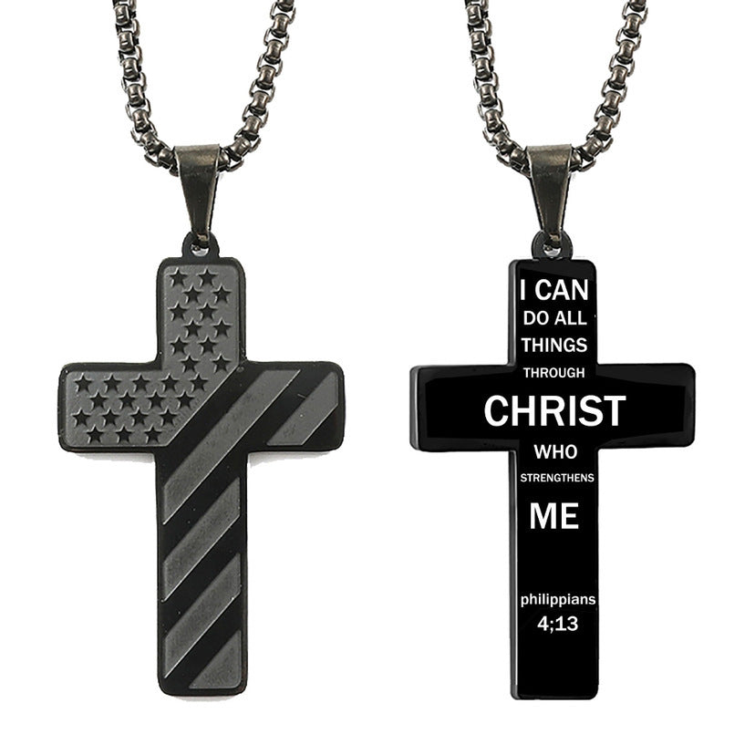 American Flag Cross Necklace Pendant Men's Stainless Steel Necklace