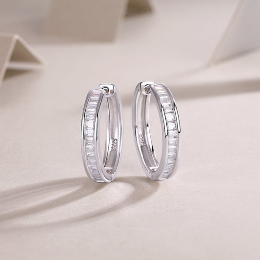 Ships from The United States - Silver Baguette Moissanite Hoop Earrings - Jewelry by Goldz.vip