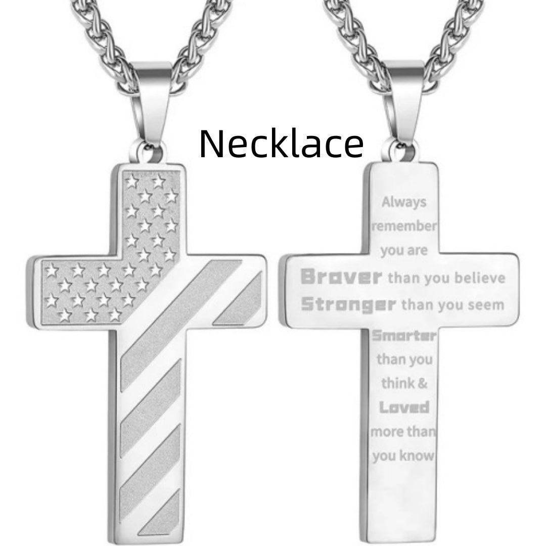 American Flag Cross Necklace Pendant Men's Stainless Steel Necklace