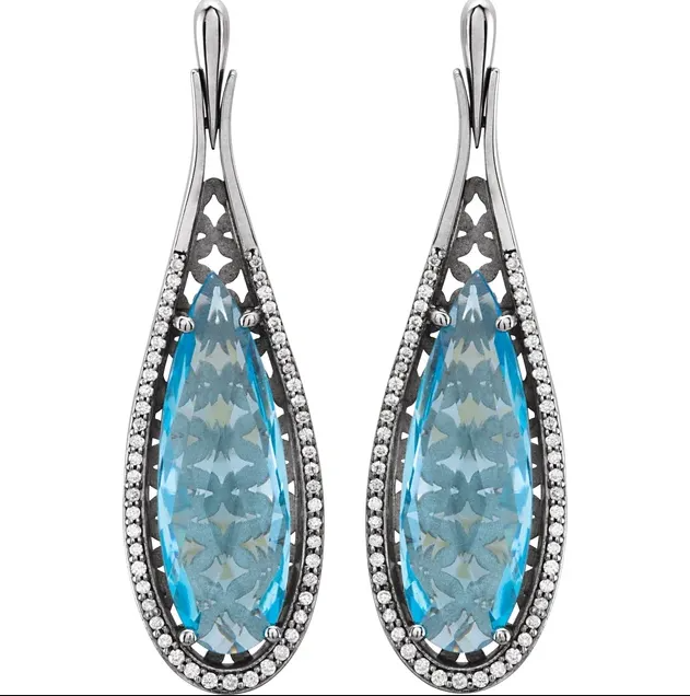 14K White Gold Natural Sky Blue Topaz & 1/3 CTW Natural Diamond Earring. STU