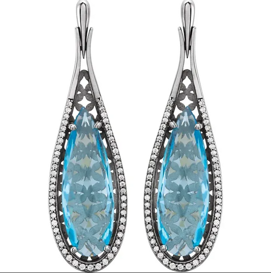 14K White Gold Natural Sky Blue Topaz & 1/3 CTW Natural Diamond Earring. STU