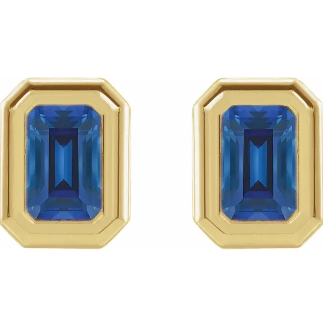 14K Yellow Gold Lab-Grown Blue Sapphire Solitaire Earrings. STU