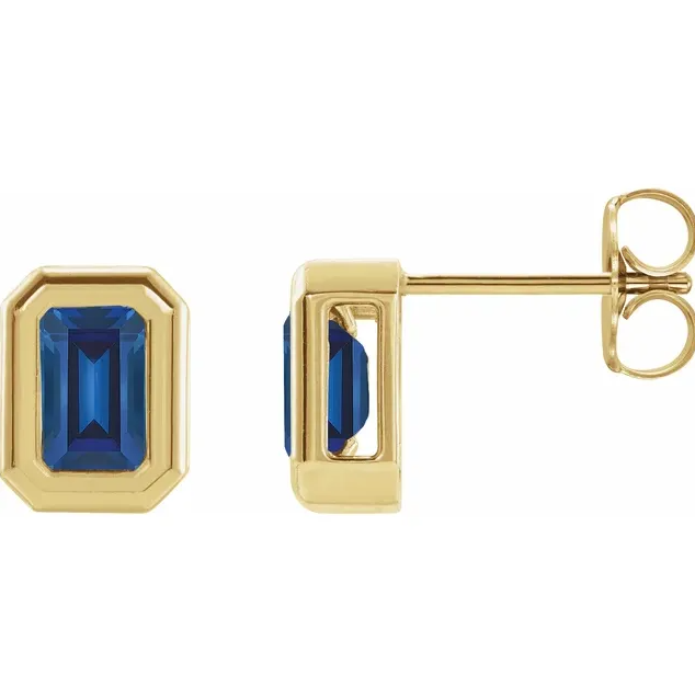 14K Yellow Gold Lab-Grown Blue Sapphire Solitaire Earrings. STU