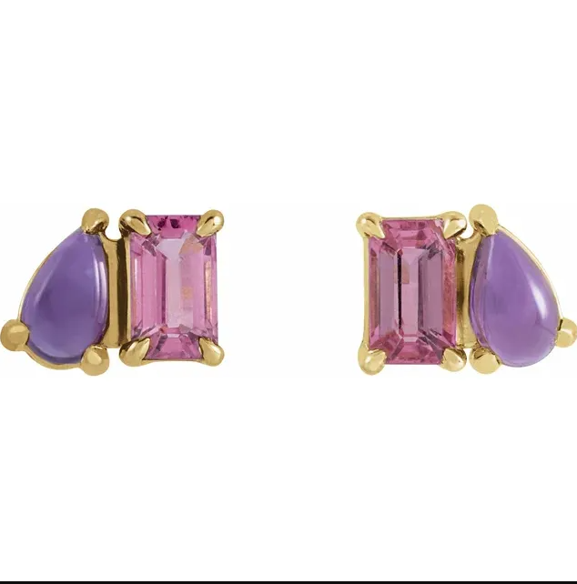 14K Yellow Gold Natural Pink Tourmaline & Natural Amethyst Two-Stone Stud Earrings. STU