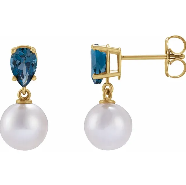 14K Yellow Cultured White Akoya Pearl & Natural London Blue Topaz Earrings STU