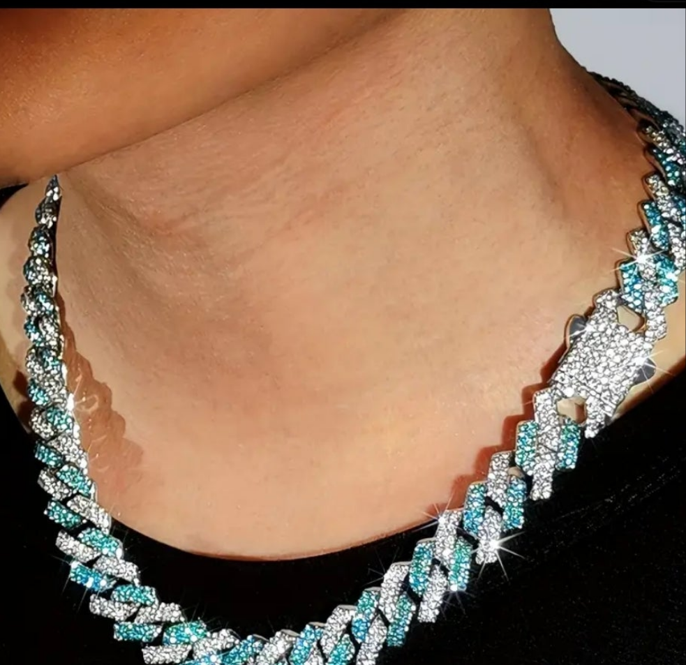 Miami Link Necklace and Bracelet Combo with Blue Rhinestones Gems