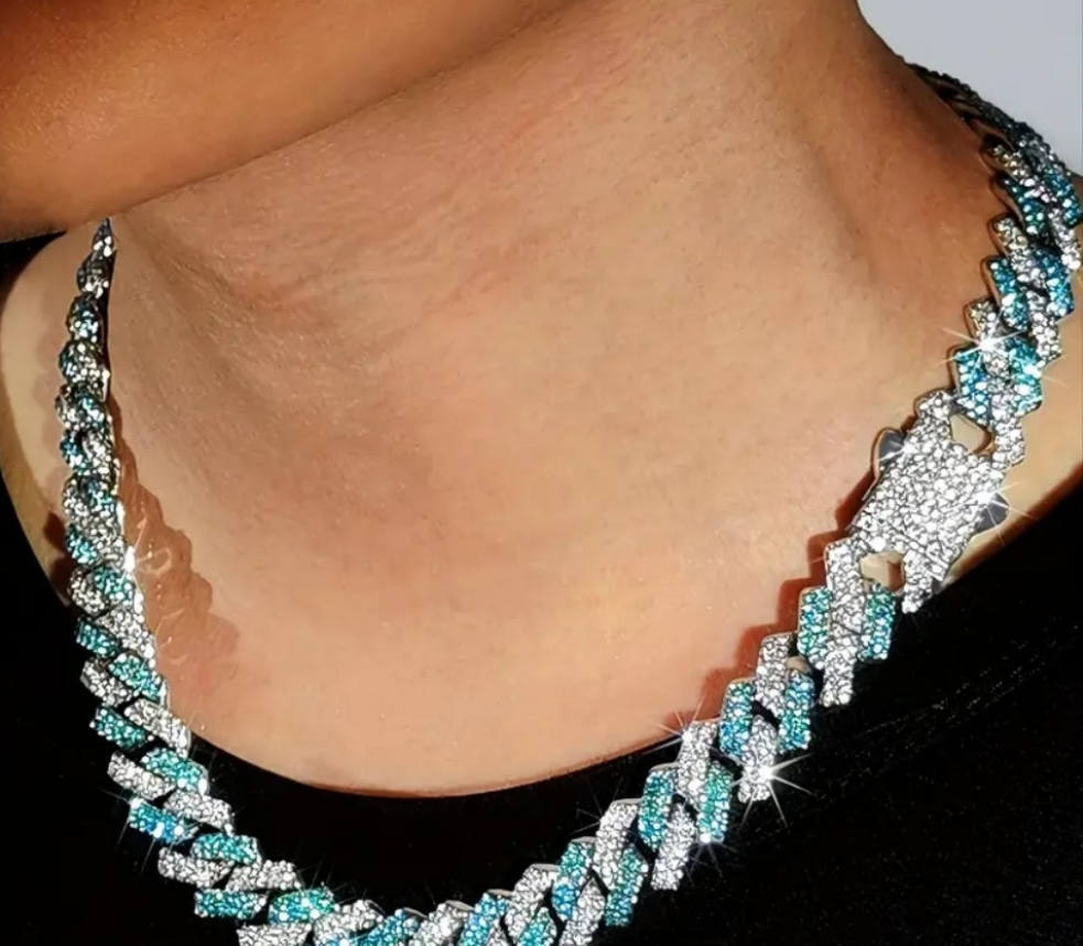 Miami Link Necklace and Bracelet Combo with Blue Rhinestones Gems