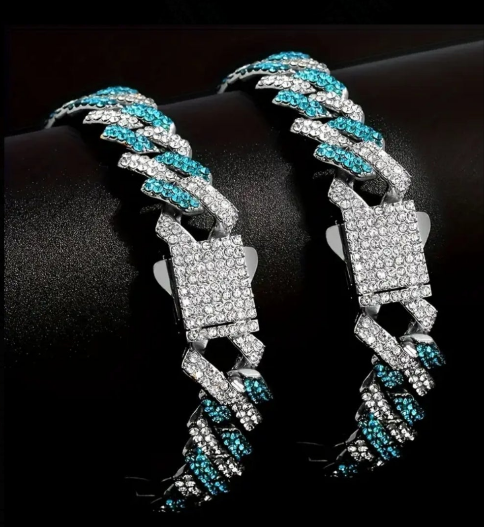 Miami Link Necklace and Bracelet Combo with Blue Rhinestones Gems