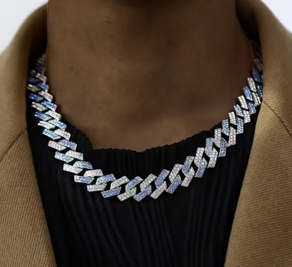 Miami Link Necklace and Bracelet Combo with Blue Rhinestones Gems