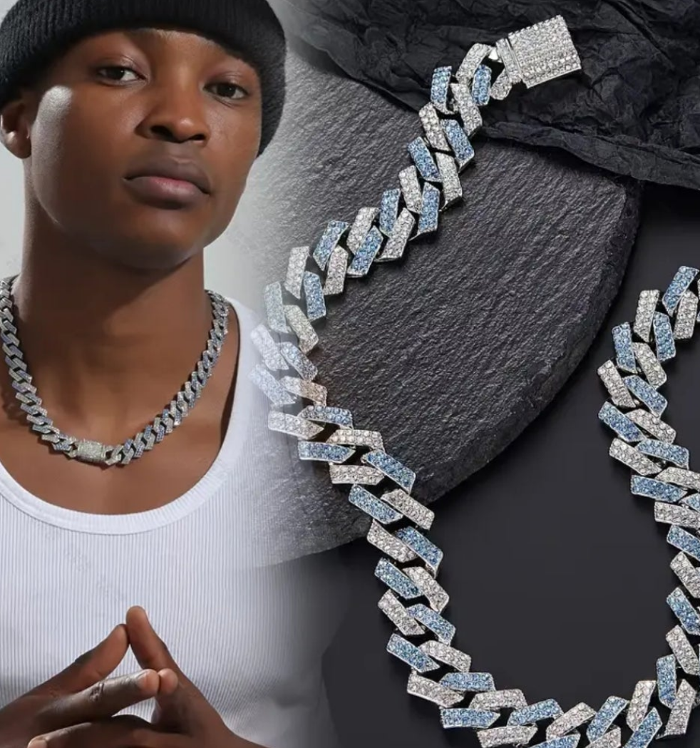 Miami Link Necklace and Bracelet Combo with Blue Rhinestones Gems