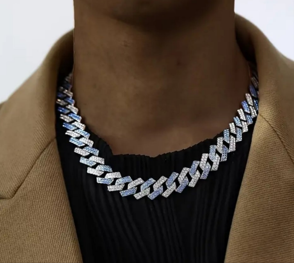 Miami Link Necklace and Bracelet Combo with Blue Rhinestones Gems