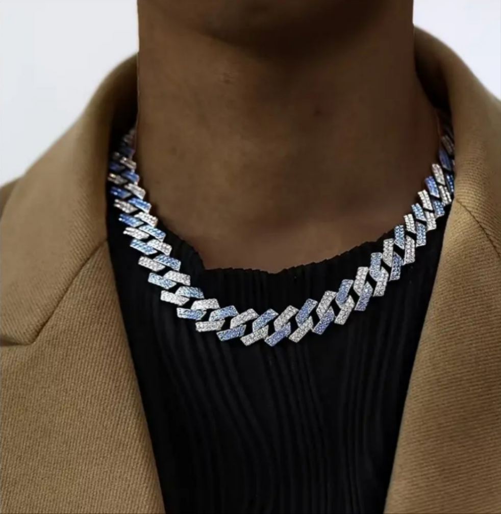 Miami Link Necklace and Bracelet Combo with Blue Rhinestones Gems