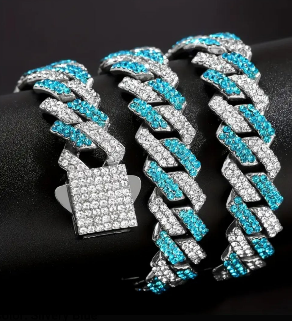 Miami Link Necklace and Bracelet Combo with Blue Rhinestones Gems
