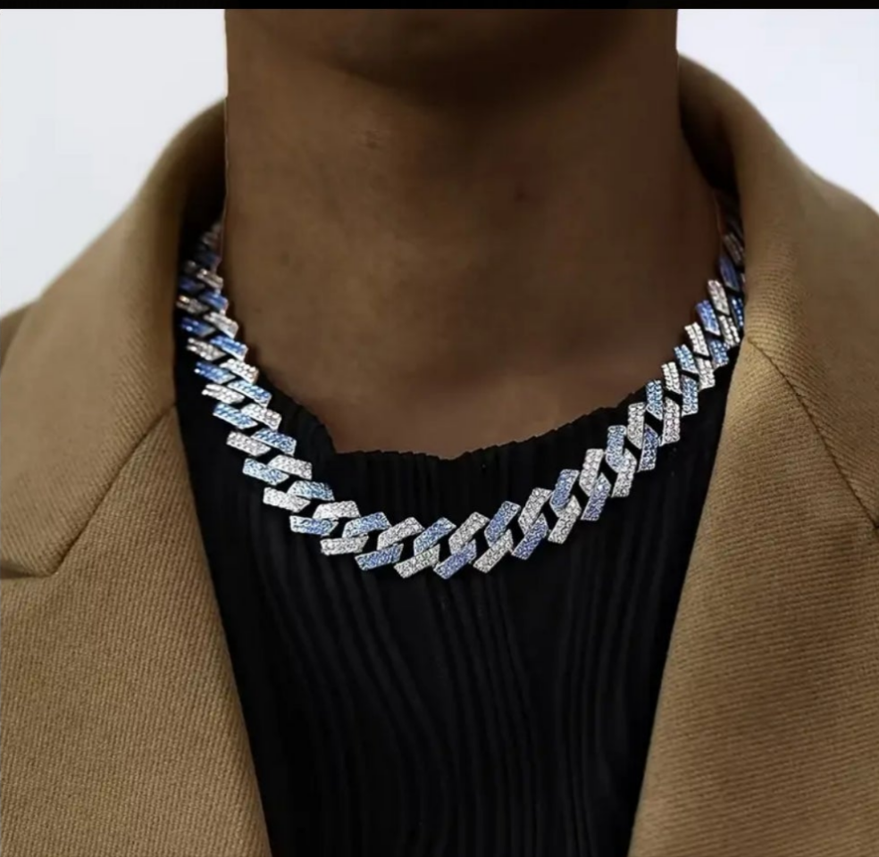 Miami Link Necklace and Bracelet Combo with Blue Rhinestones Gems