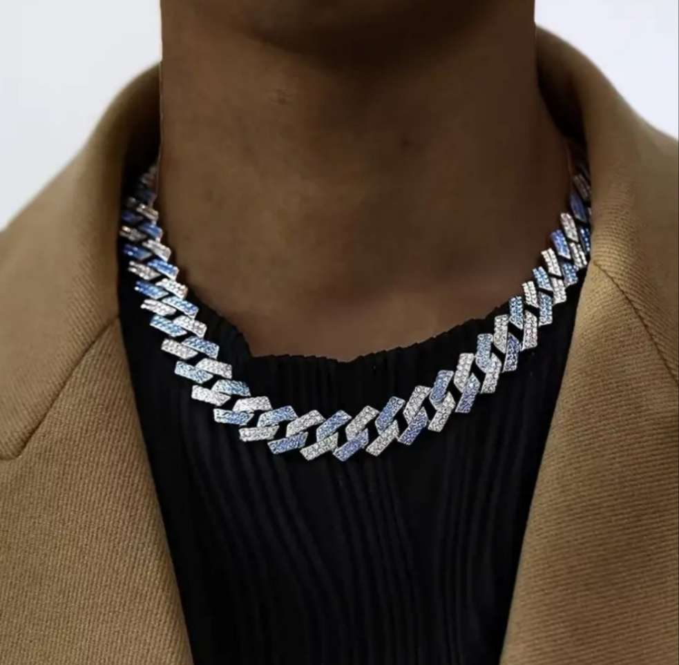 Miami Link Necklace and Bracelet Combo with Blue Rhinestones Gems