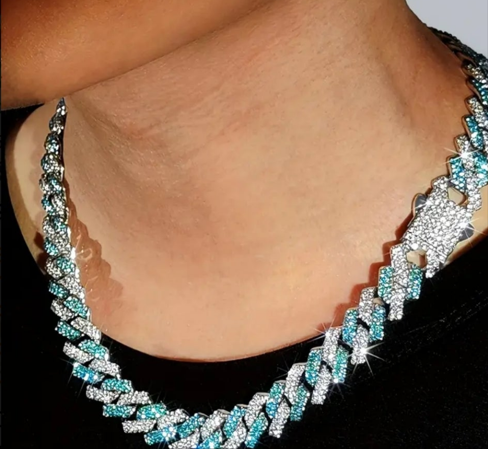 Miami Link Necklace and Bracelet Combo with Blue Rhinestones Gems