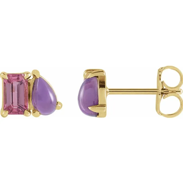 14K Yellow Gold Natural Pink Tourmaline & Natural Amethyst Two-Stone Stud Earrings. STU