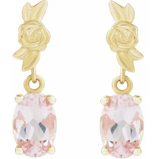 14K Yellow Gold 6x4 mm Natural Pink Morganite Floral Earrings. STU