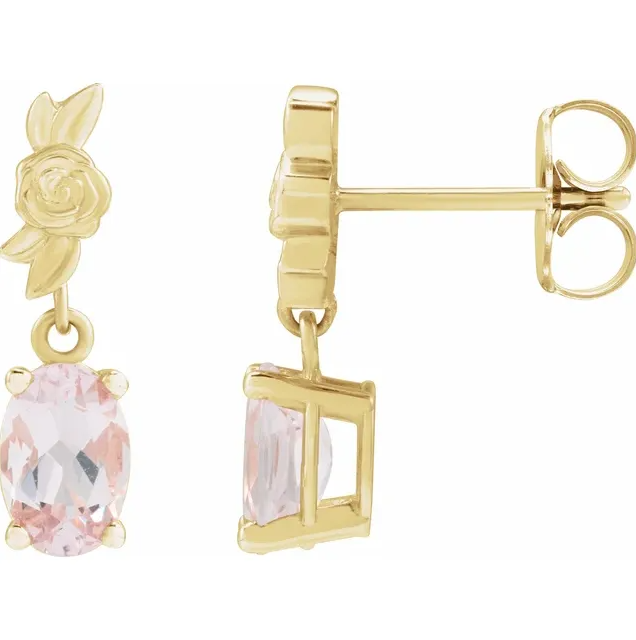 14K Yellow Gold 6x4 mm Natural Pink Morganite Floral Earrings. STU