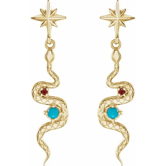 14K Yellow Natural Turquoise & Natural Ruby Snake Earrings STU
