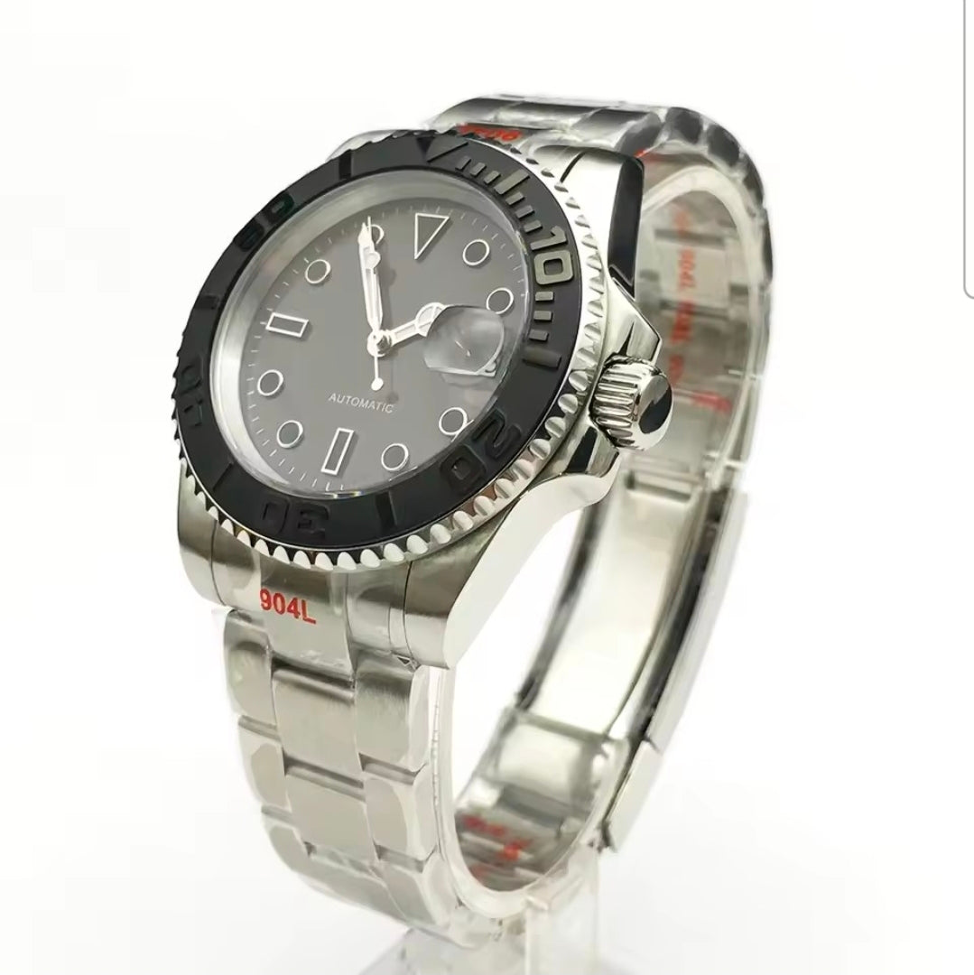40mm No Logo Automatic Men's Watch - Japanese Movement, Sapphire Crystal, 904L Stainless Steel Bracelet, Ceramic Matte Bezel, Mechanical Calendar Sport Watch